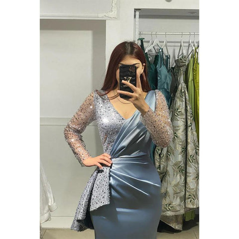 Vestidos de noche formales sexis con escote en V, pliegues y mangas largas