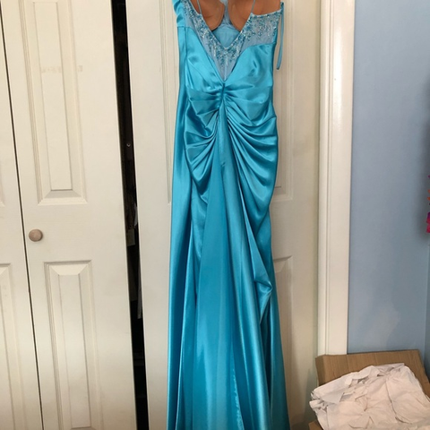 Vestido de noche de sirena de satén azul sencillo con tirantes finos, vestido de fiesta formal Y8404
