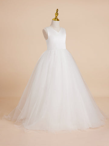 Classic White A-line Sleeveless Satin and Tulle Flower Girl Dress