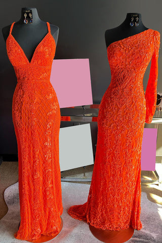 Robe de bal longue sirène à une épaule, sequins orange et manches longues