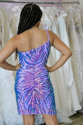 Robe de bal courte à paillettes violettes asymétriques et fourreau scintillant