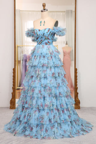 Charming A Line Off the Shoulder Blue Printed Long Prom Dress with Ruffles