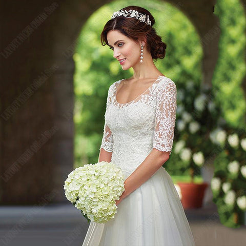 Robe de mariée en dentelle, demi-manches, Illusion de mariée, boutons au dos, grande taille, sur mesure 