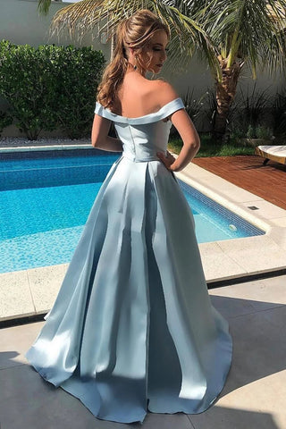 A Line Off the Shoulder Blue Long Prom Dress
