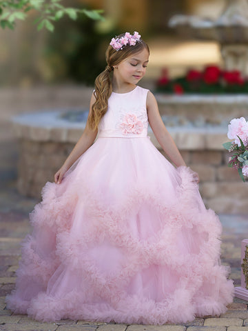 A-line Satin Tulle Floor-length Cascading Ruffles Flower Girl Dress