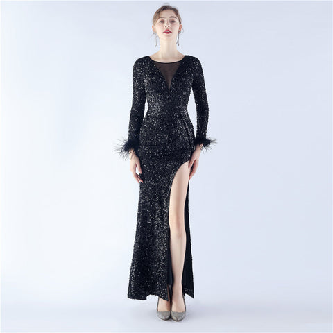 Handmade Sequin Craft Order Ostrich Feather Long Sleeve Evening Dress