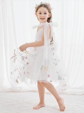 A-Line Sleeveless Floral Embroidered Tulle Toddler Flower Girl Dress