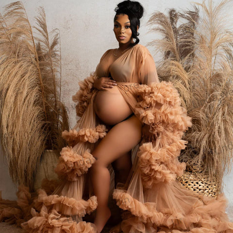 Prom Dress Sexy V-Neck Ruffle Front Split Pregnancy Photography Tauze Sleeve Ruffled Maternity Wear