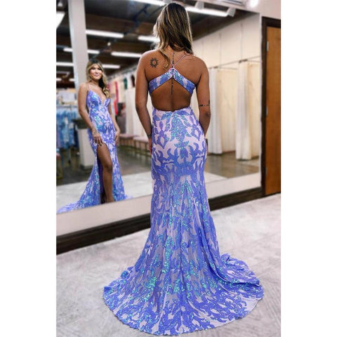 Vestido de fiesta de sirena con escote en V pronunciado y apliques de lentejuelas y abertura