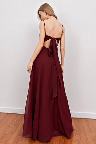 Burgundy Spaghetti Straps Long Bridesmaid Dress with Split