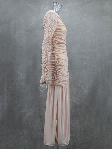 Long Sleeves Skinny Pleated See-Through Solid Color Split-Joint Round-Neck Evening Dresses Maxi Dresses