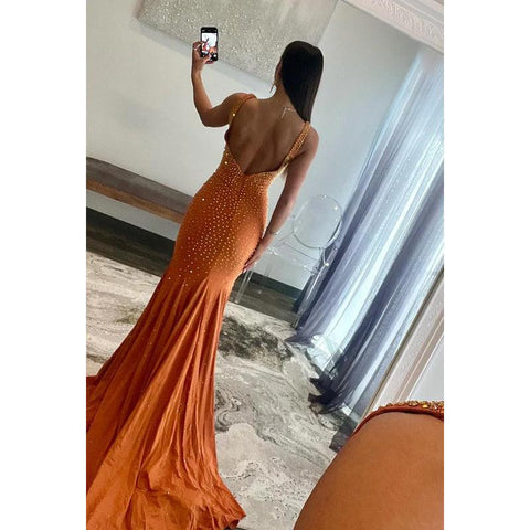 Superbe et charmante robe de soirée sirène dos nu col en V entièrement perlée