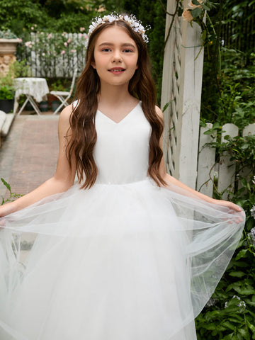 Classic White A-line Sleeveless Satin and Tulle Flower Girl Dress