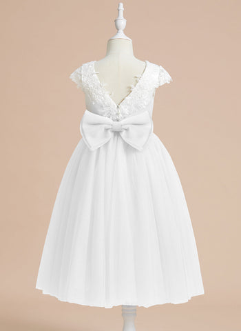 A-line Satin Tulle Tea-length First Communion Flower Girl Dress