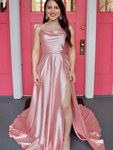 A Line Cowl Neck Satin Prom Dress With Slit