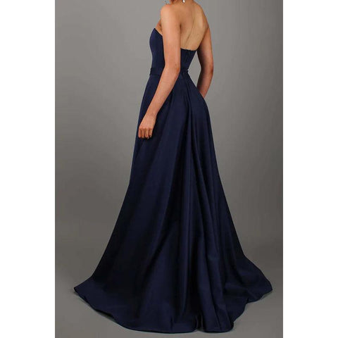 Vestido de noche largo de fiesta con escote en forma de A, sin tirantes y abertura en el muslo