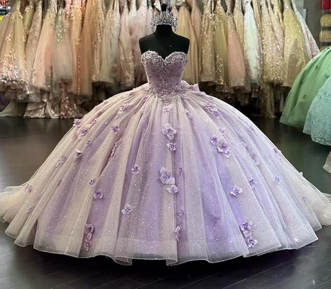 Vestido de quinceañera con flores 3D lilas, mangas largas abullonadas Y6580