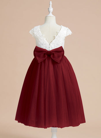 A-line Satin Tulle Tea-length First Communion Flower Girl Dress