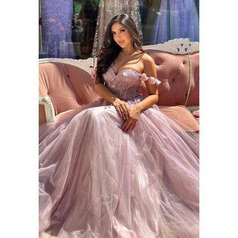 Elegante y lujoso vestido de fiesta de tul con apliques, corte A, hombros descubiertos y mangas casquillo