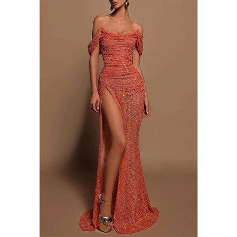 Vestido de fiesta formal de sirena con tirantes finos, cuentas y encaje 