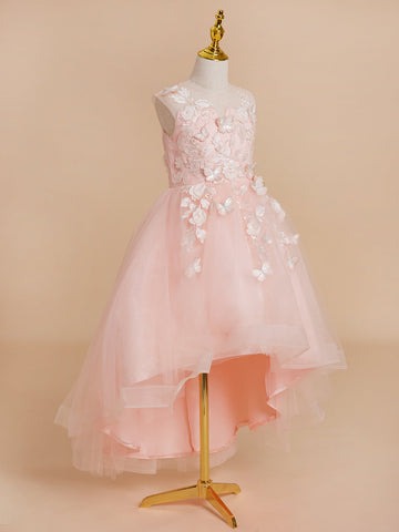 Ball-Gown/Princess Tulle Asymmetrical Pink Flower Girl Dress