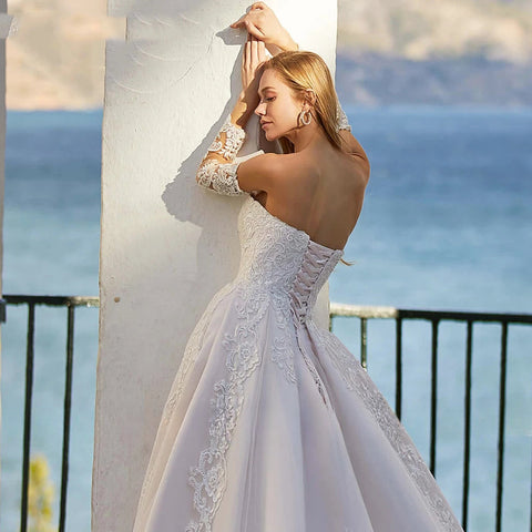 Word Wedding Dresses Women's Elegant Bohemian Beaded Sweetheart Princess Off Shoulder Long Sleeve Lace Applique Bride Gowns