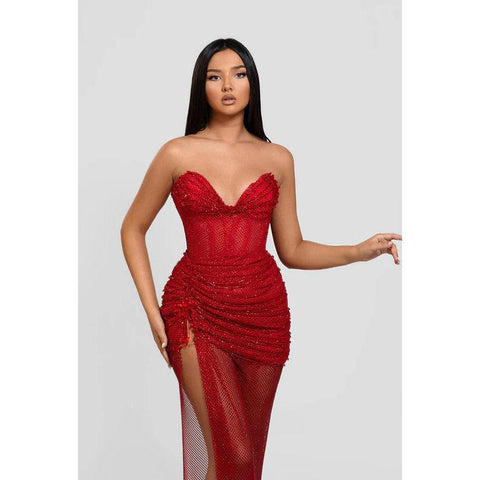 Vestido de fiesta de noche con escote en V, sin mangas, con lentejuelas y abertura