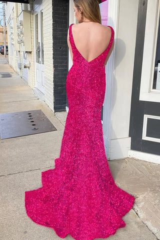 Mermaid Deep V Neck Purple Sequins Prom Dress with Open Back