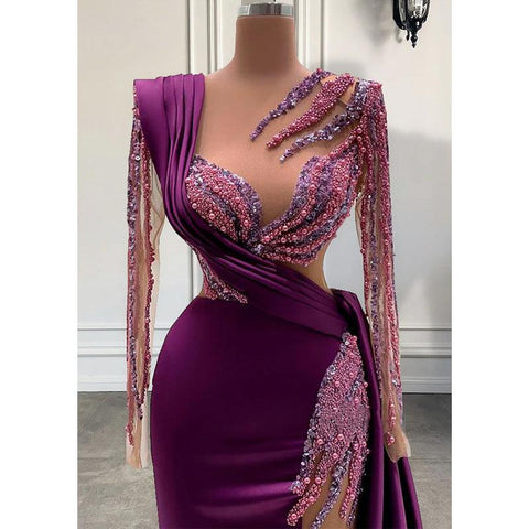 Vestido de noche formal largo de manga larga con cuentas pesadas y escote barco único 