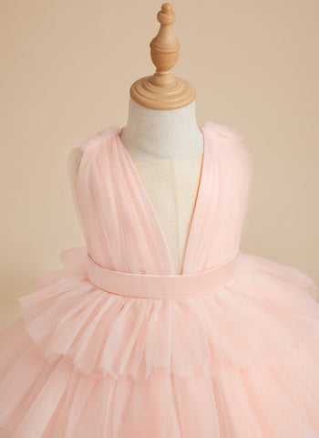 Ball-Gown/Princess Pearl Pink Sleeveless Tulle Bow Flower Girl Dress