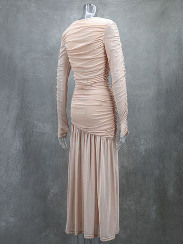 Long Sleeves Skinny Pleated See-Through Solid Color Split-Joint Round-Neck Evening Dresses Maxi Dresses