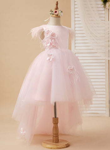 Princess Sleeveless Tulle Flower Girl Dress with Beading and Feather Bow (010224704)
