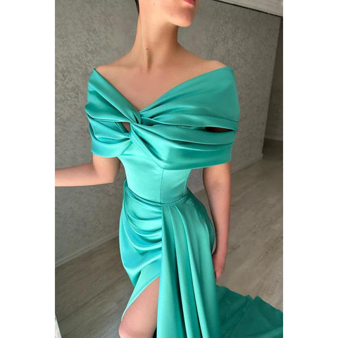 Robe de soirée longue en satin froncé, col en V, épaules dénudées, sans manches 