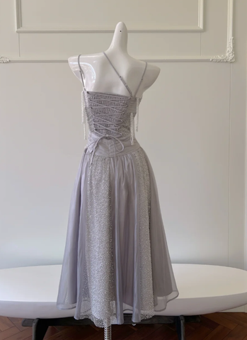 Elegante vestido de fiesta morado con lentejuelas, tul, cuentas y borlas, corte en A, modelo Y8586