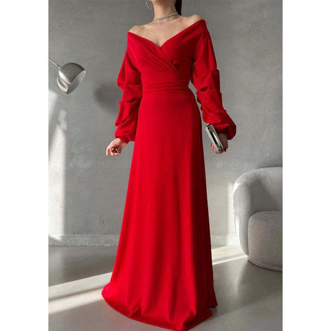 Vestido de fiesta largo sencillo con escote en V, hombros descubiertos y mangas abullonadas 