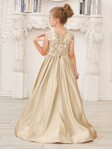 A-line Lace Satin Floor-length Flower Girl Dress