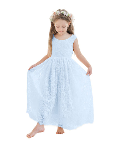 A-line Lace Ankle-length Ivory Boho Flower Girl Dress