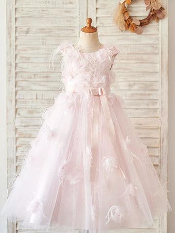 Ball-Gown/Princess Lace Tulle Tea-length Flower Girl Dress
