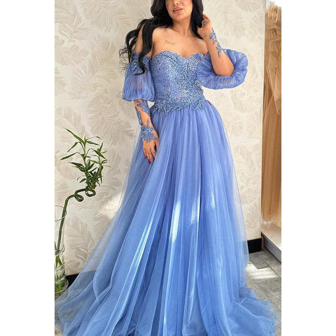 Robe de soirée trapèze bustier en tulle pailleté avec manches amovibles