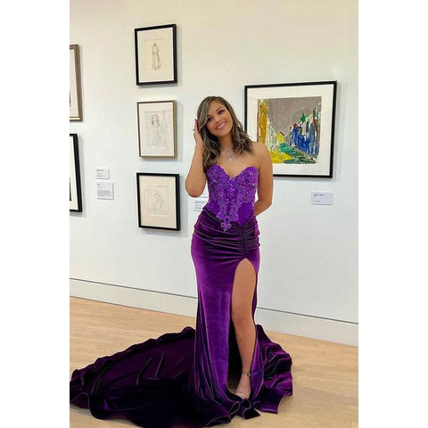 Vestido de fiesta de noche con escote en V, sin mangas, abertura lateral y apliques, corte trompeta/sirena