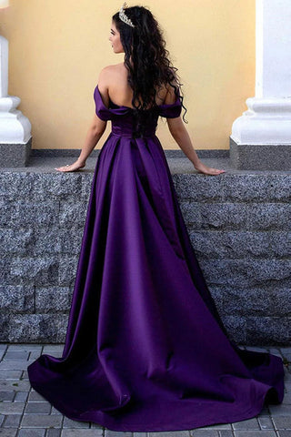A Line Off the Shoulder Purple Long Prom Dress with Split Front