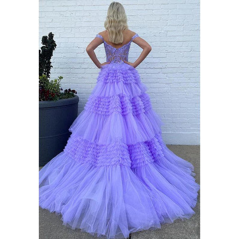 Elegante y lujoso vestido de fiesta de graduación con mangas cortas y hombros descubiertos, corte A y apliques