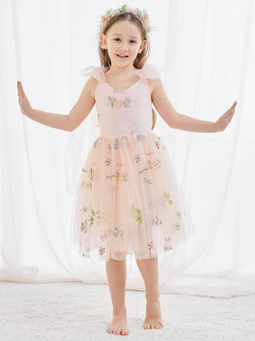 A-Line Sleeveless Floral Embroidered Tulle Toddler Flower Girl Dress