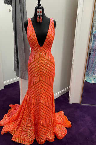 Mermaid Deep V Neck Orange Sequins Long Prom Dress with Open Back