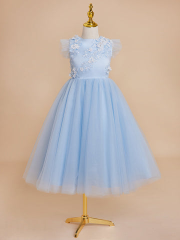 Ball-Gown/Princess Satin Tulle Tea-length Blue Dress (2003225970)