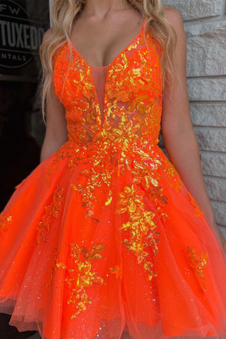 Trendy A Line Deep V Neck Orange Short Homecoming Dress with Appliques