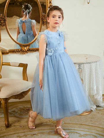 Ball-Gown/Princess Satin Tulle Tea-length Blue Dress (2003225970)