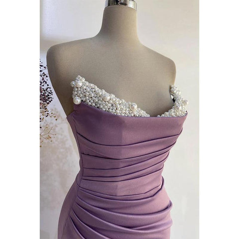 Robe de soirée bustier plissée à perles et col en V avec fente latérale 