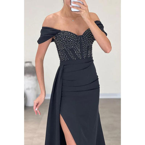 Robe de bal de fin d'année simple, épaules dénudées, manches courtes, fente, strass et perles