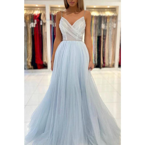 Vestido de fiesta largo con tirantes finos, escote en V y cuentas 